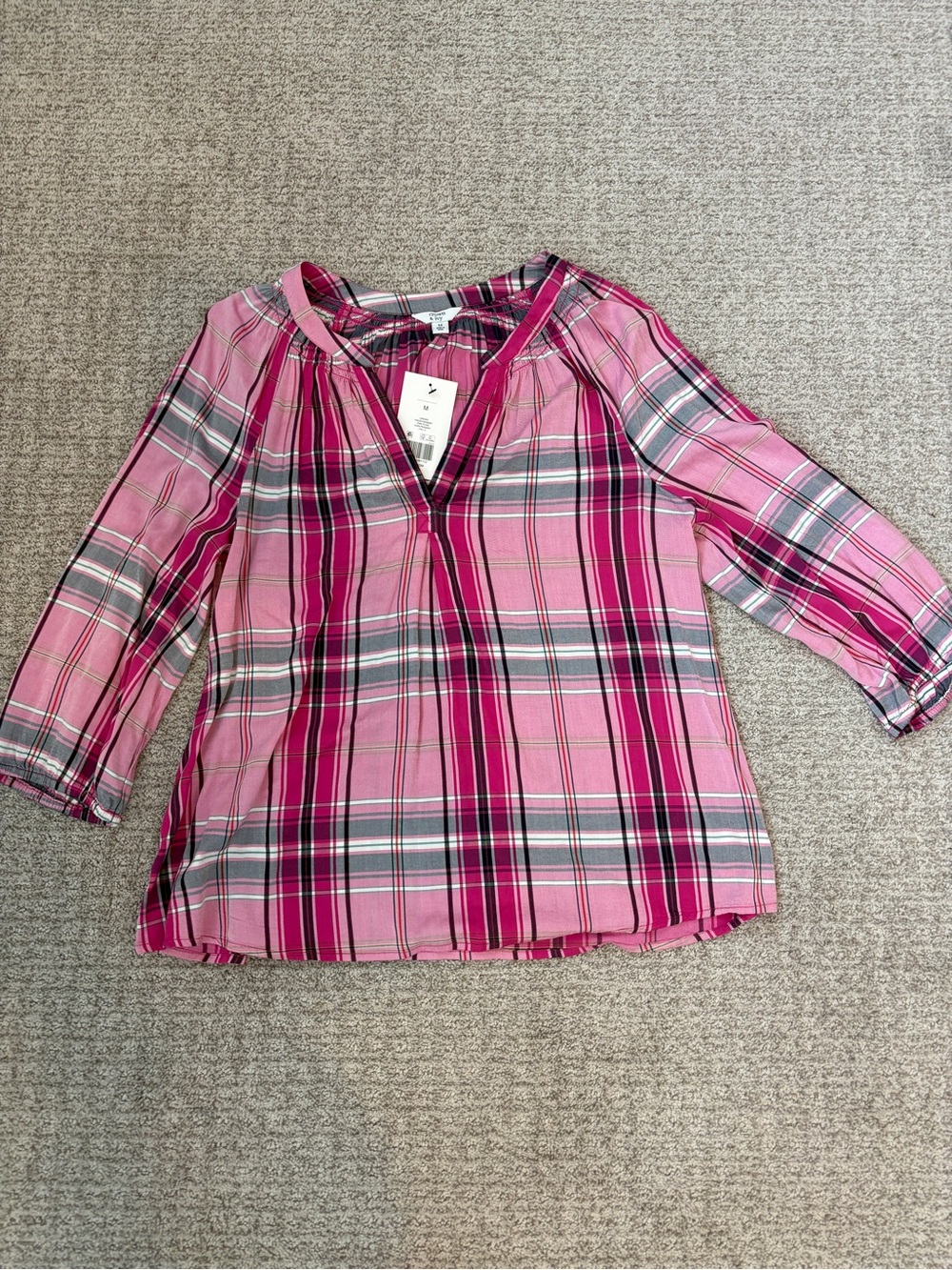 crown & ivy Pink Plaid Split-Neck Blouse Size Medium NWT Brand New Preppy